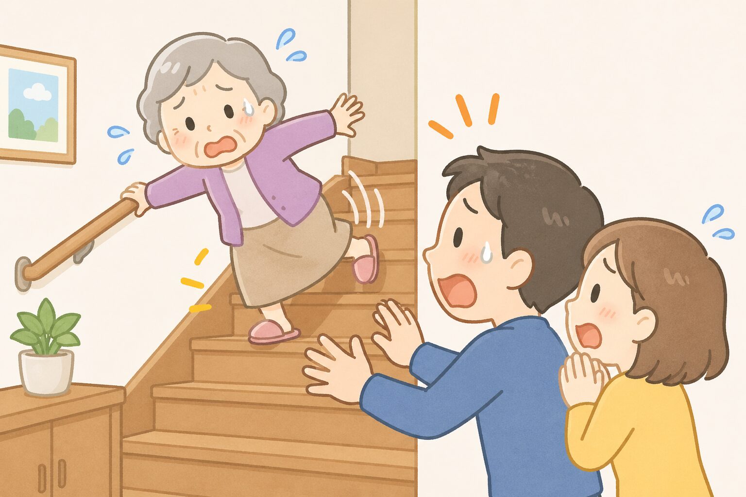 おばあさんが階段で滑りそう